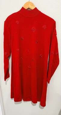 Karin Stevens Vintage Red Mock Neck Floral Embroidered  Dress Size M